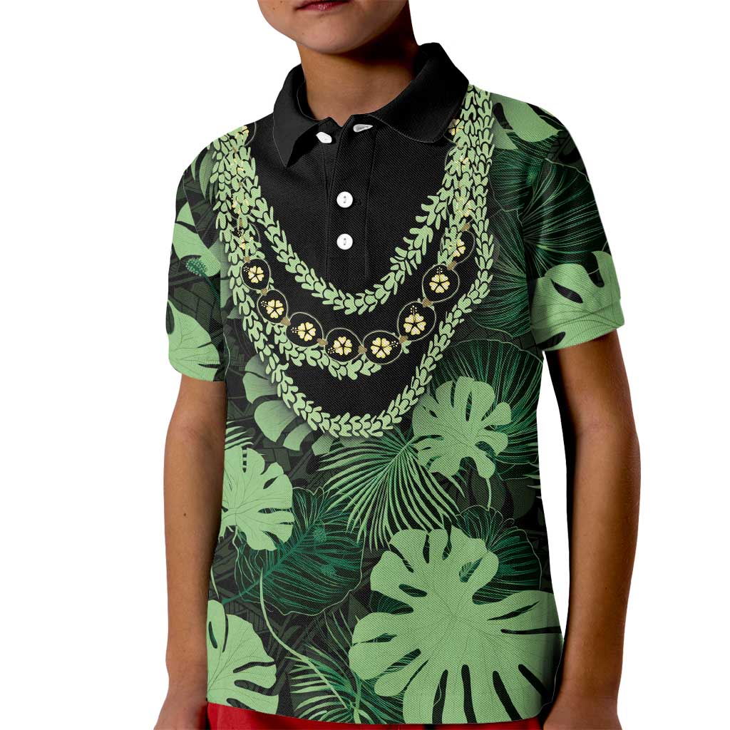 Green Hawaii Kukui Nut Lei Kid Polo Shirt Hawaiian Pattern Monstera Tropical Vibes - Polynesian Pride