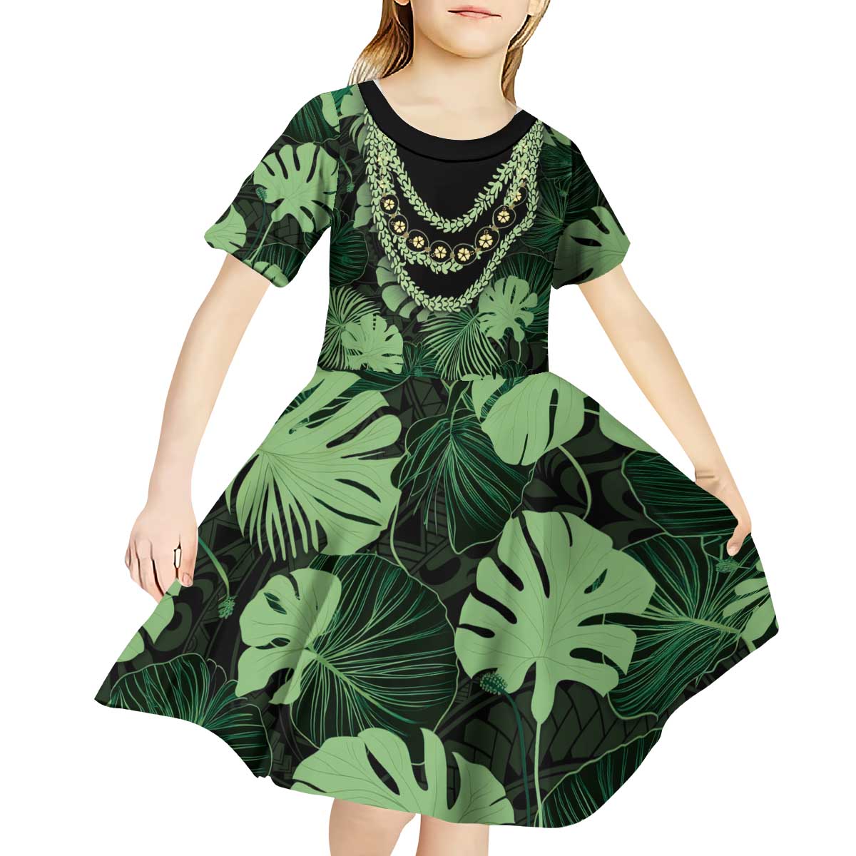 Green Hawaii Kukui Nut Lei Kid Short Sleeve Dress Hawaiian Pattern Monstera Tropical Vibes - Polynesian Pride