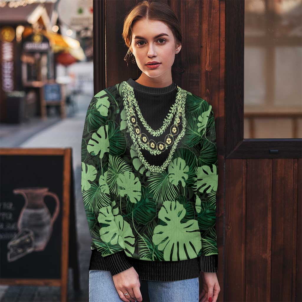 Green Hawaii Kukui Nut Lei Ugly Christmas Sweater Hawaiian Pattern Monstera Tropical Vibes - Polynesian Pride