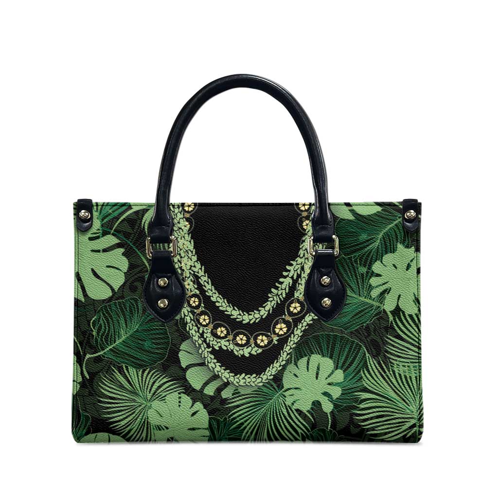 Green Hawaii Kukui Nut Lei Leather Bag Hawaiian Pattern Monstera Tropical Vibes - Polynesian Pride