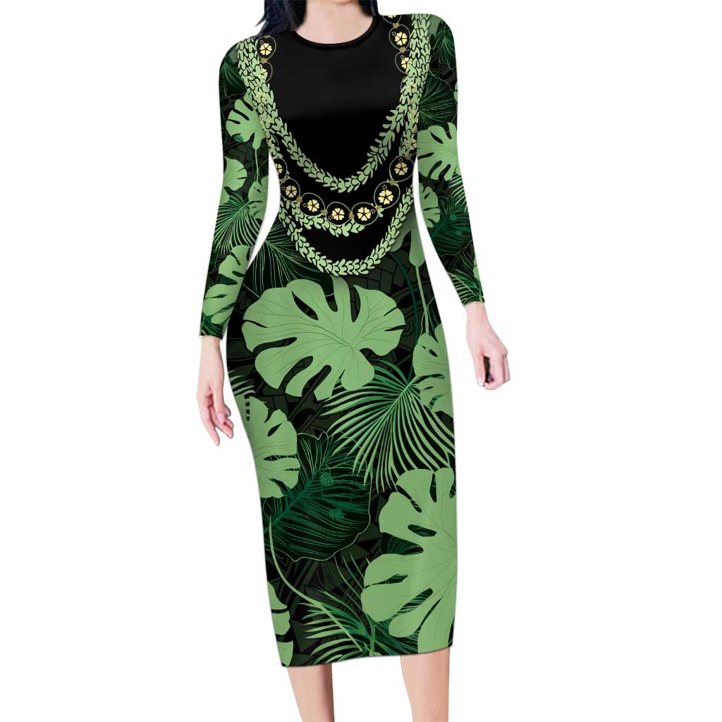 Green Hawaii Kukui Nut Lei Long Sleeve Bodycon Dress Hawaiian Pattern Monstera Tropical Vibes - Polynesian Pride