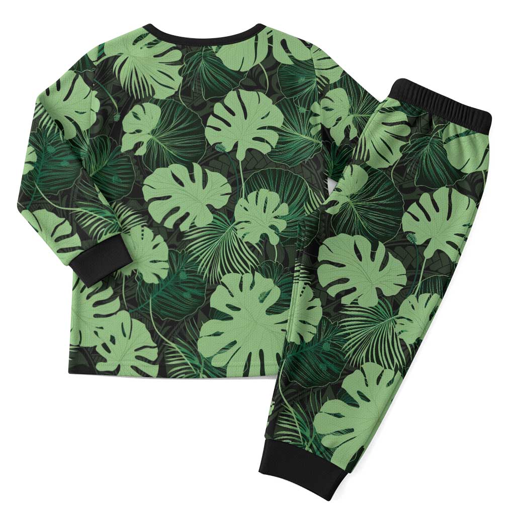 Green Hawaii Kukui Nut Lei Christmas Pajama Set Hawaiian Pattern Monstera Tropical Vibes - Polynesian Pride