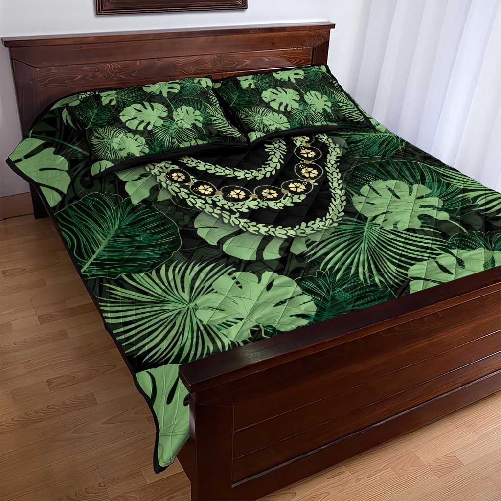 Green Hawaii Kukui Nut Lei Quilt Bed Set Hawaiian Pattern Monstera Tropical Vibes - Polynesian Pride