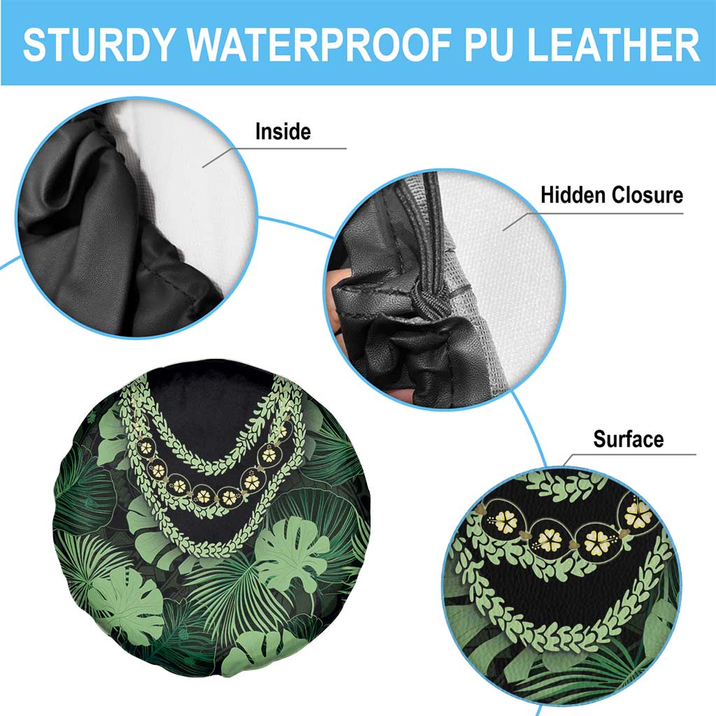 Green Hawaii Kukui Nut Lei Spare Tire Cover Hawaiian Pattern Monstera Tropical Vibes - Polynesian Pride