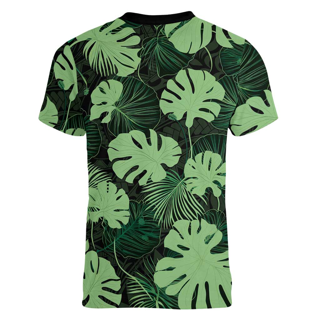 Green Hawaii Kukui Nut Lei Women V-Neck T-Shirt Hawaiian Pattern Monstera Tropical Vibes - Polynesian Pride