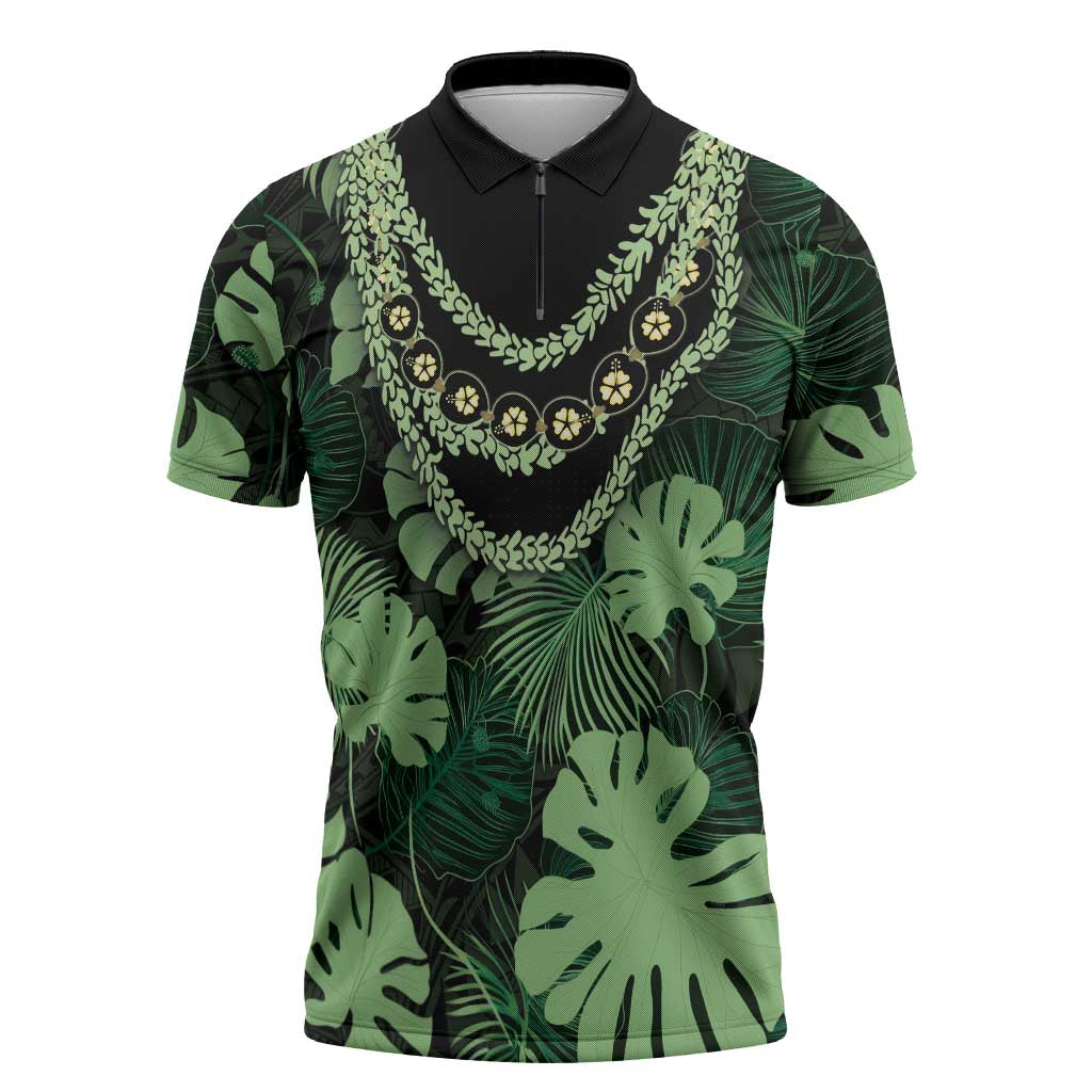 Green Hawaii Kukui Nut Lei Zipper Polo Shirt Hawaiian Pattern Monstera Tropical Vibes - Polynesian Pride