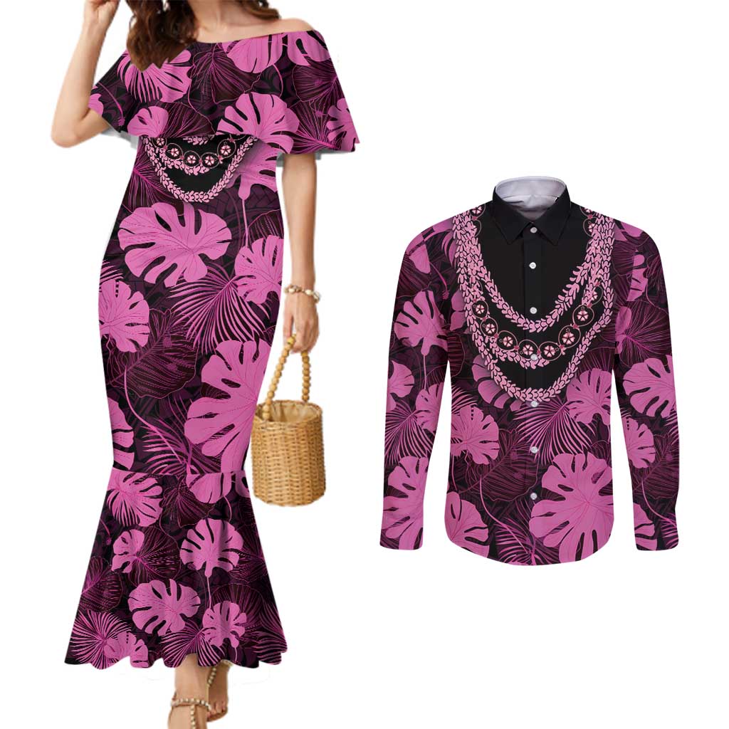 Pink Hawaii Kukui Nut Lei Couples Matching Mermaid Dress and Long Sleeve Button Shirt Hawaiian Pattern Monstera Tropical Vibes - Polynesian Pride