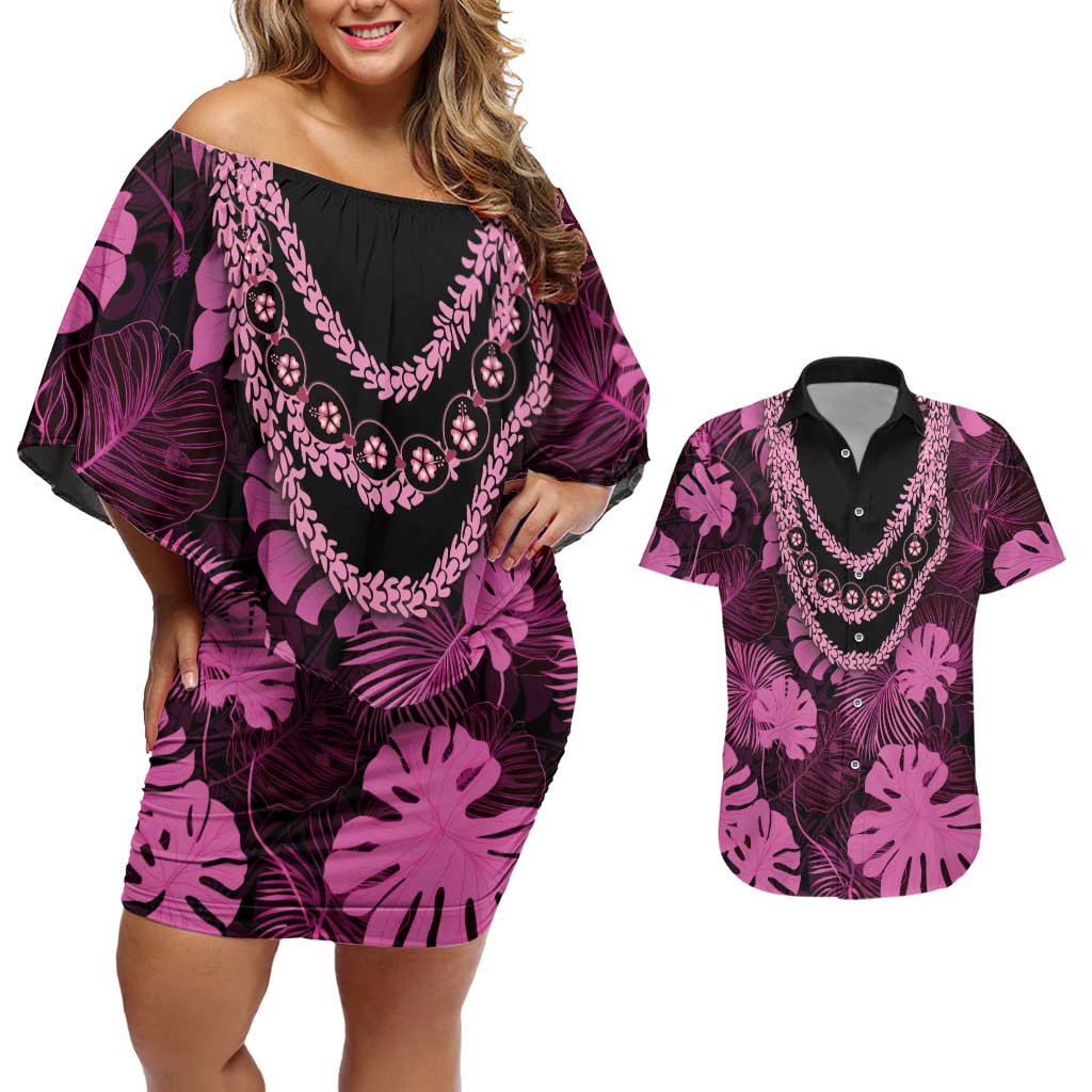 Pink Hawaii Kukui Nut Lei Couples Matching Off Shoulder Short Dress and Hawaiian Shirt Hawaiian Pattern Monstera Tropical Vibes - Polynesian Pride