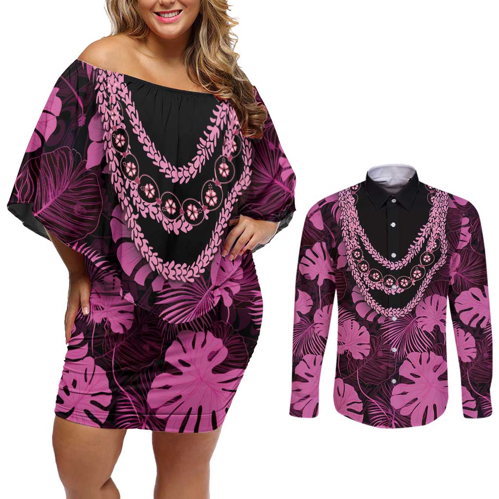 Pink Hawaii Kukui Nut Lei Couples Matching Off Shoulder Short Dress and Long Sleeve Button Shirt Hawaiian Pattern Monstera Tropical Vibes - Polynesian Pride