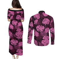 Pink Hawaii Kukui Nut Lei Couples Matching Puletasi and Long Sleeve Button Shirt Hawaiian Pattern Monstera Tropical Vibes - Polynesian Pride