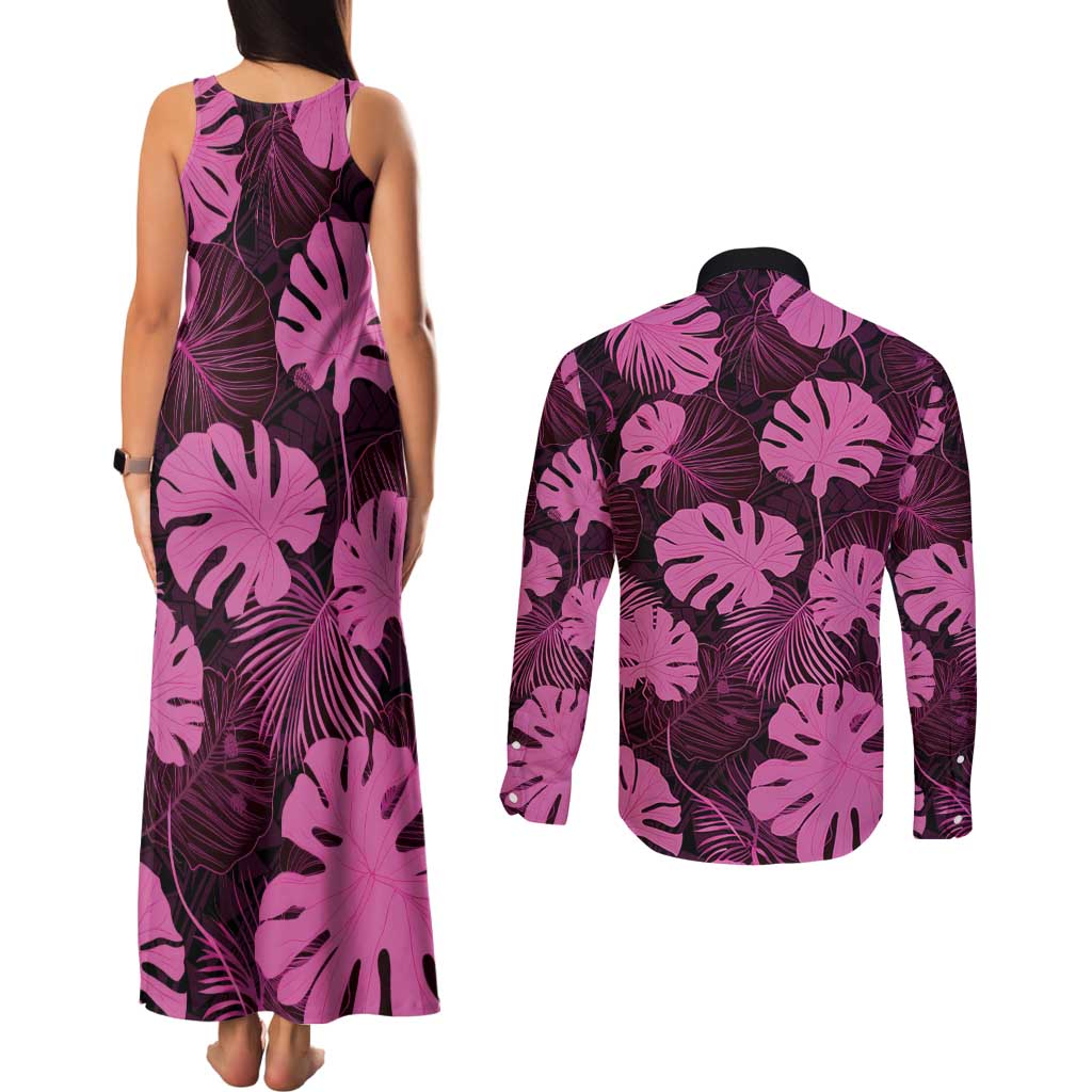 Pink Hawaii Kukui Nut Lei Couples Matching Tank Maxi Dress and Long Sleeve Button Shirt Hawaiian Pattern Monstera Tropical Vibes LT14 - Polynesian Pride