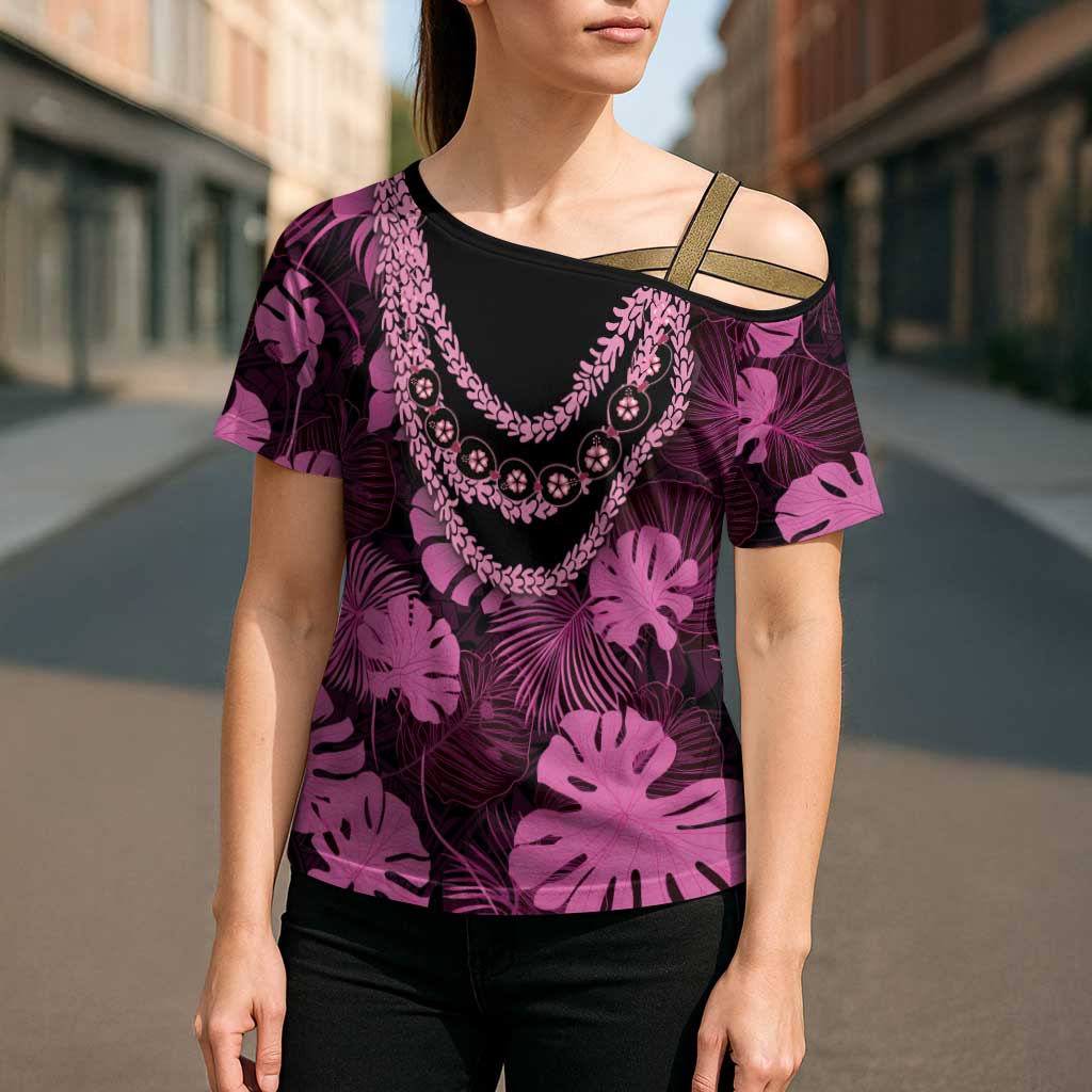 Pink Hawaii Kukui Nut Lei Cross Shoulder Shirt Hawaiian Pattern Monstera Tropical Vibes - Polynesian Pride