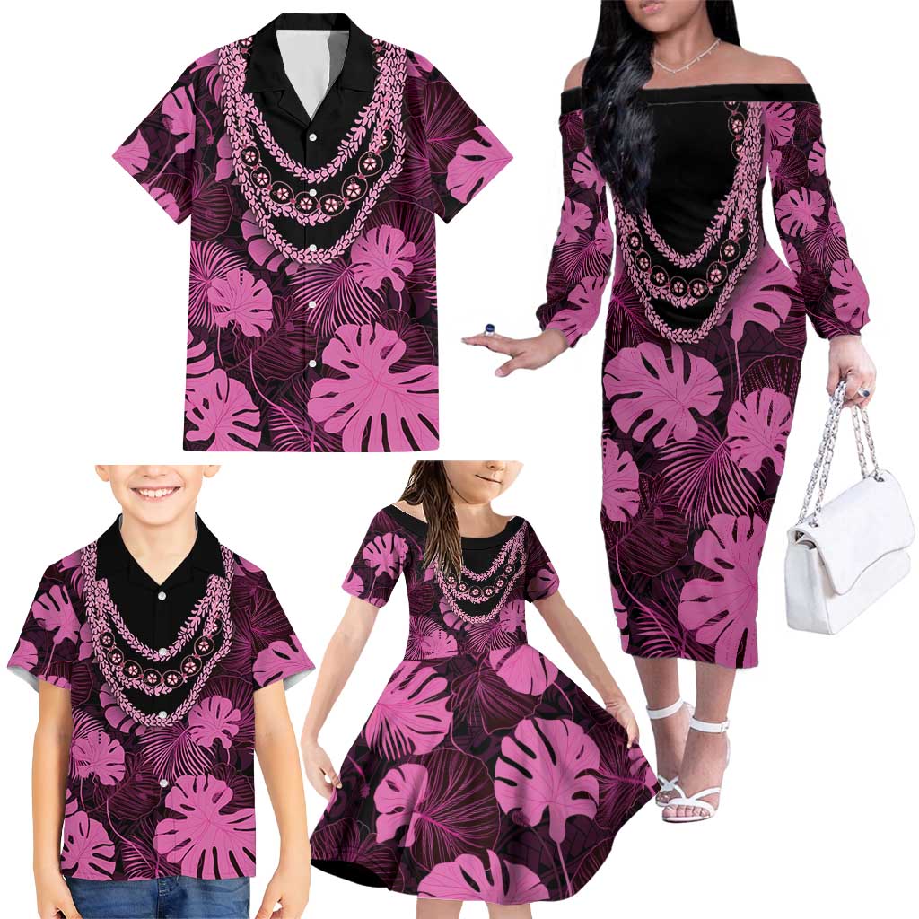 Pink Hawaii Kukui Nut Lei Family Matching Off The Shoulder Long Sleeve Dress and Hawaiian Shirt Hawaiian Pattern Monstera Tropical Vibes LT14 - Polynesian Pride