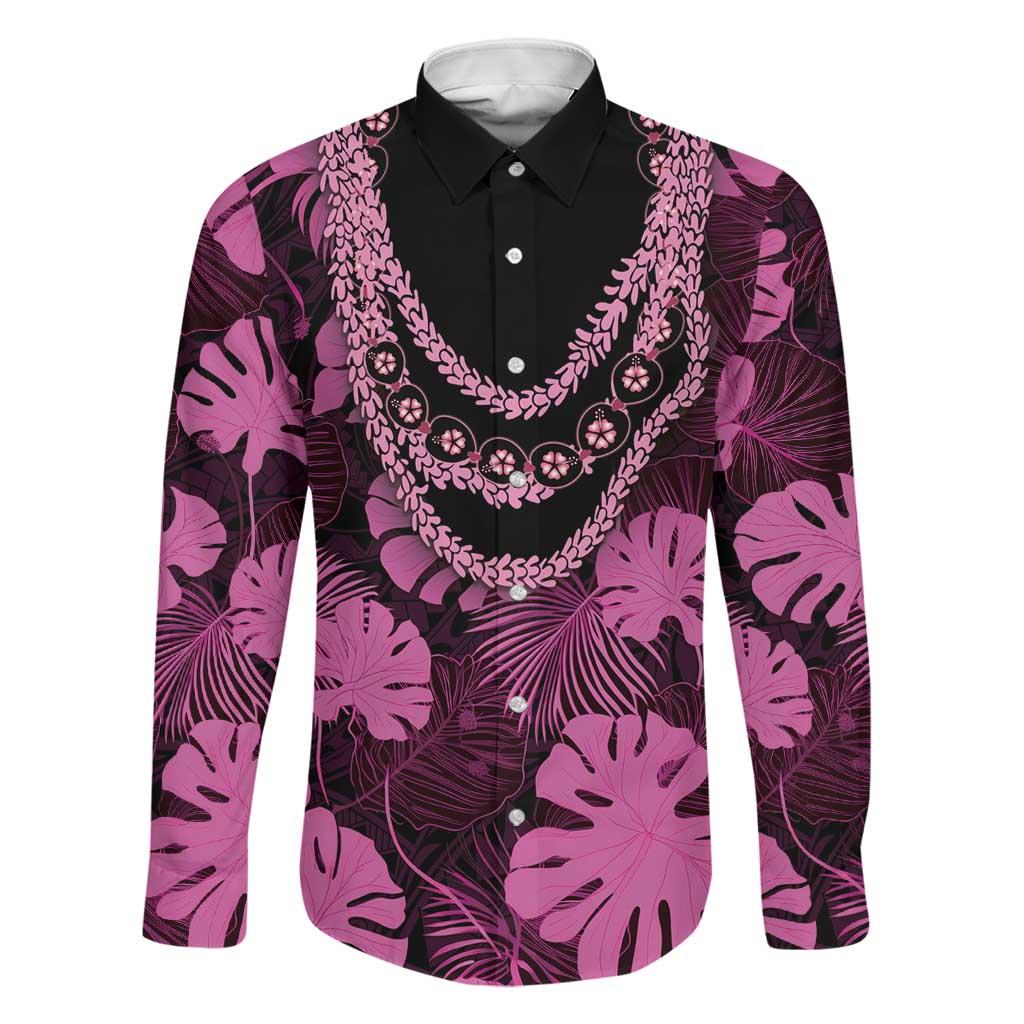 Pink Hawaii Kukui Nut Lei Family Matching Off The Shoulder Long Sleeve Dress and Hawaiian Shirt Hawaiian Pattern Monstera Tropical Vibes LT14 Dad's Shirt - Long Sleeve Pink - Polynesian Pride