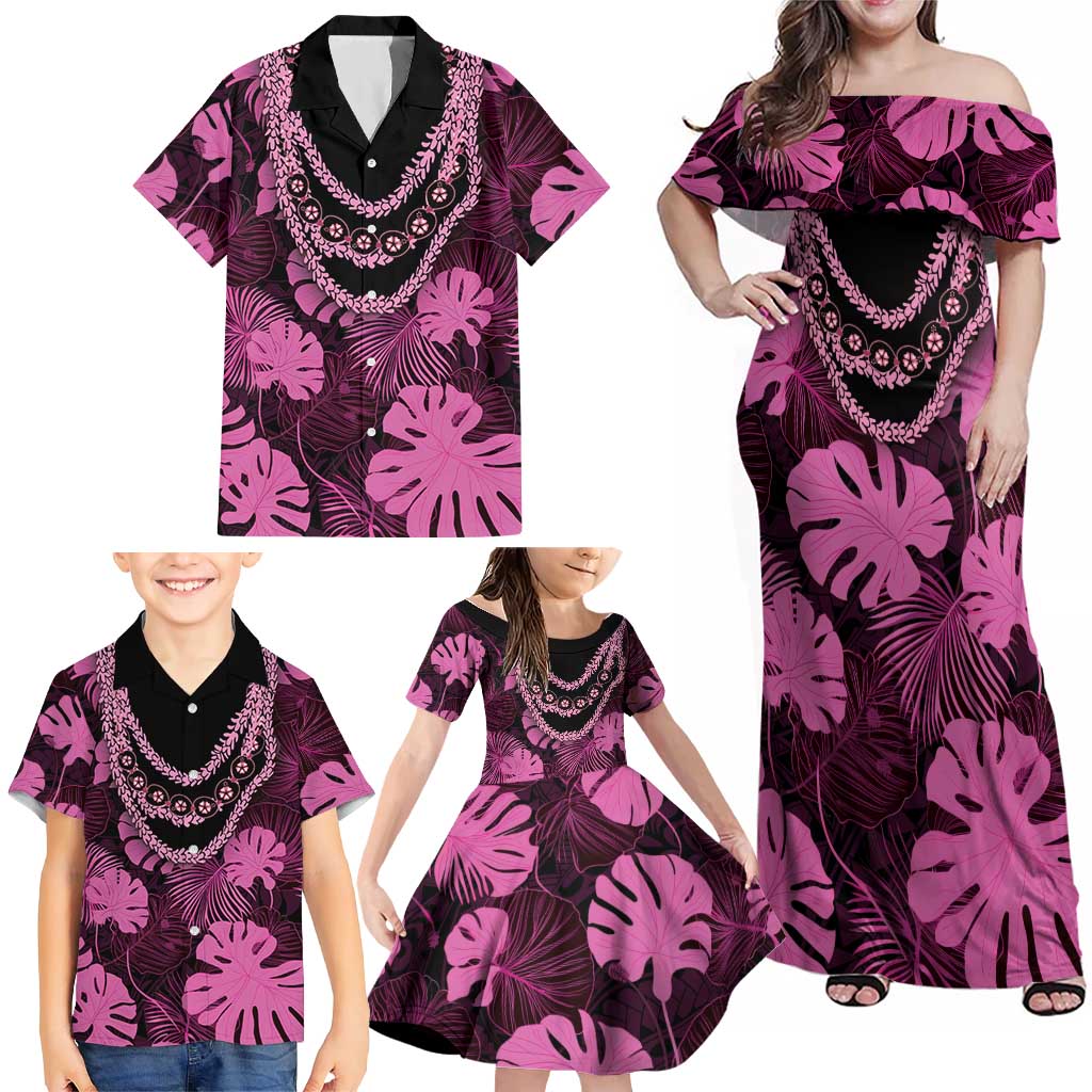 Pink Hawaii Kukui Nut Lei Family Matching Off Shoulder Maxi Dress and Hawaiian Shirt Hawaiian Pattern Monstera Tropical Vibes LT14 - Polynesian Pride