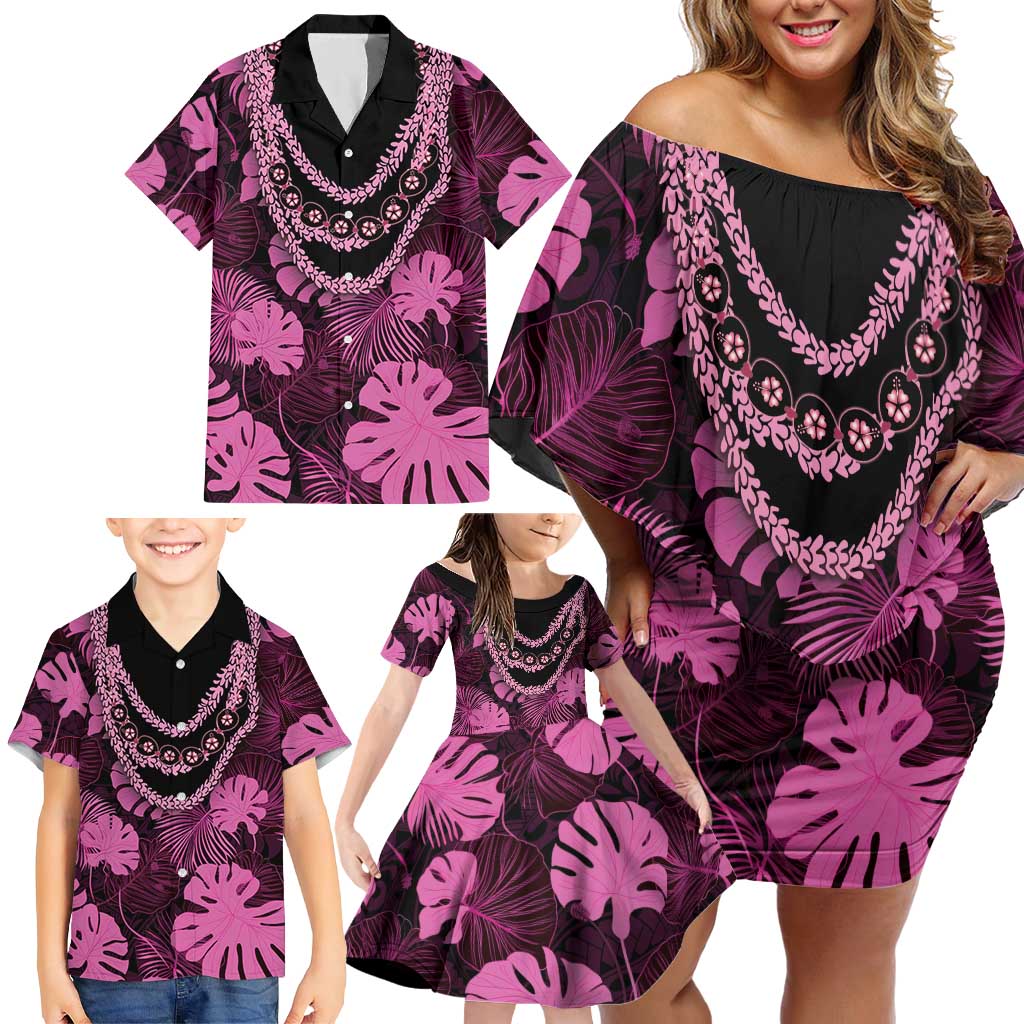 Pink Hawaii Kukui Nut Lei Family Matching Off Shoulder Short Dress and Hawaiian Shirt Hawaiian Pattern Monstera Tropical Vibes LT14 - Polynesian Pride