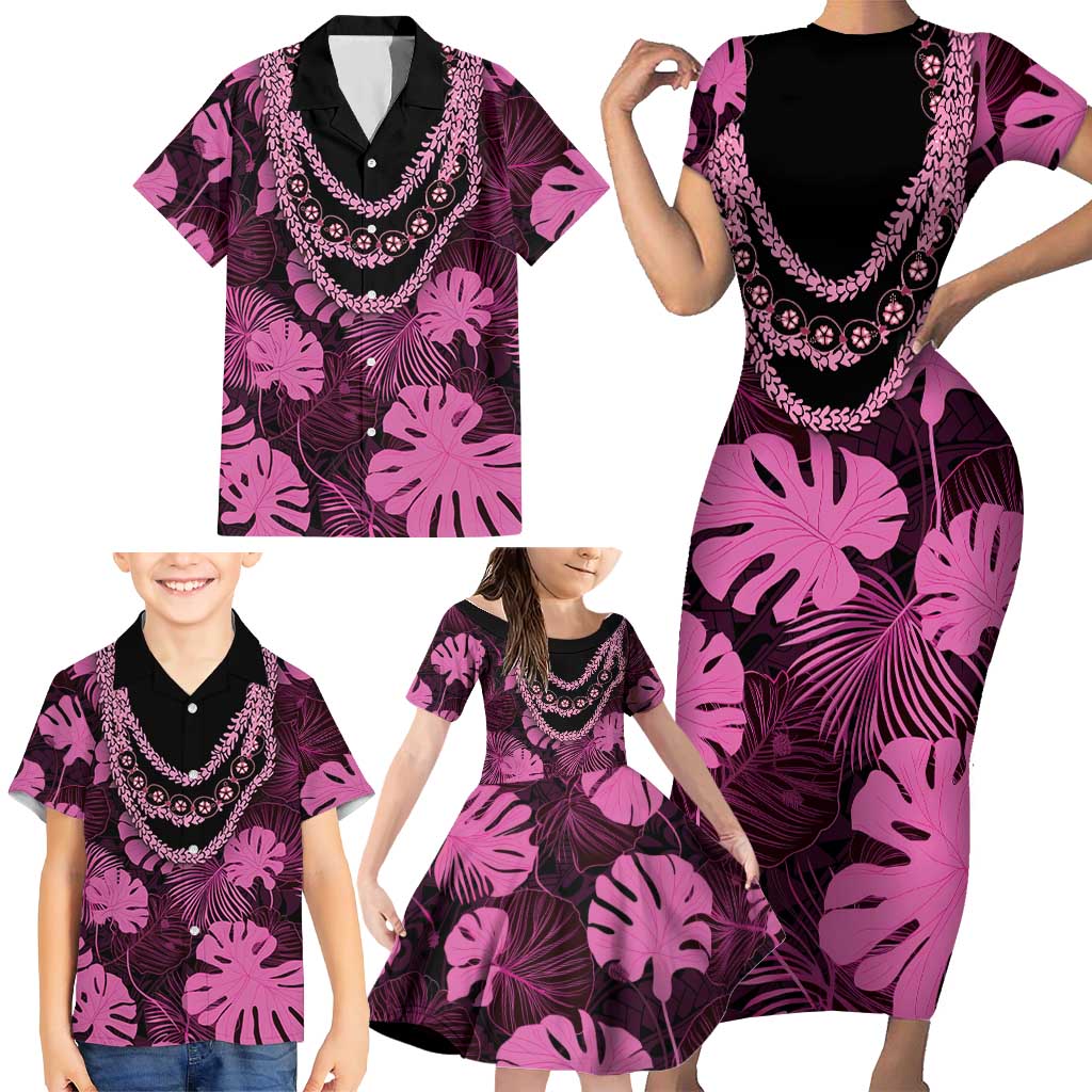 Pink Hawaii Kukui Nut Lei Family Matching Short Sleeve Bodycon Dress and Hawaiian Shirt Hawaiian Pattern Monstera Tropical Vibes LT14 - Polynesian Pride