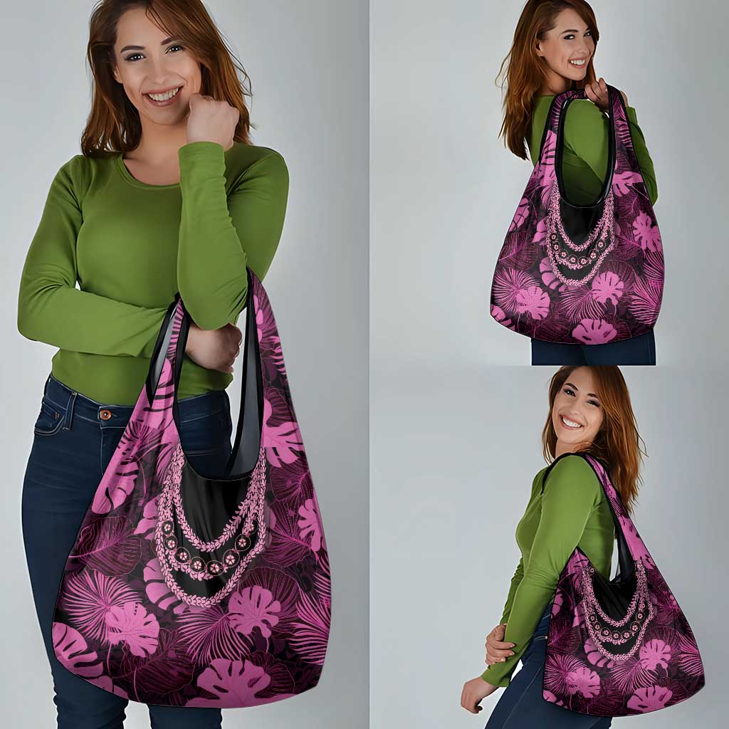 Pink Hawaii Kukui Nut Lei Grocery Bag Hawaiian Pattern Monstera Tropical Vibes - Polynesian Pride
