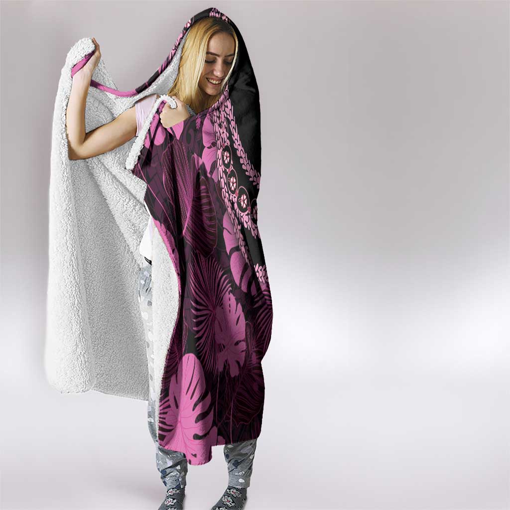 Pink Hawaii Kukui Nut Lei Hooded Blanket Hawaiian Pattern Monstera Tropical Vibes - Polynesian Pride