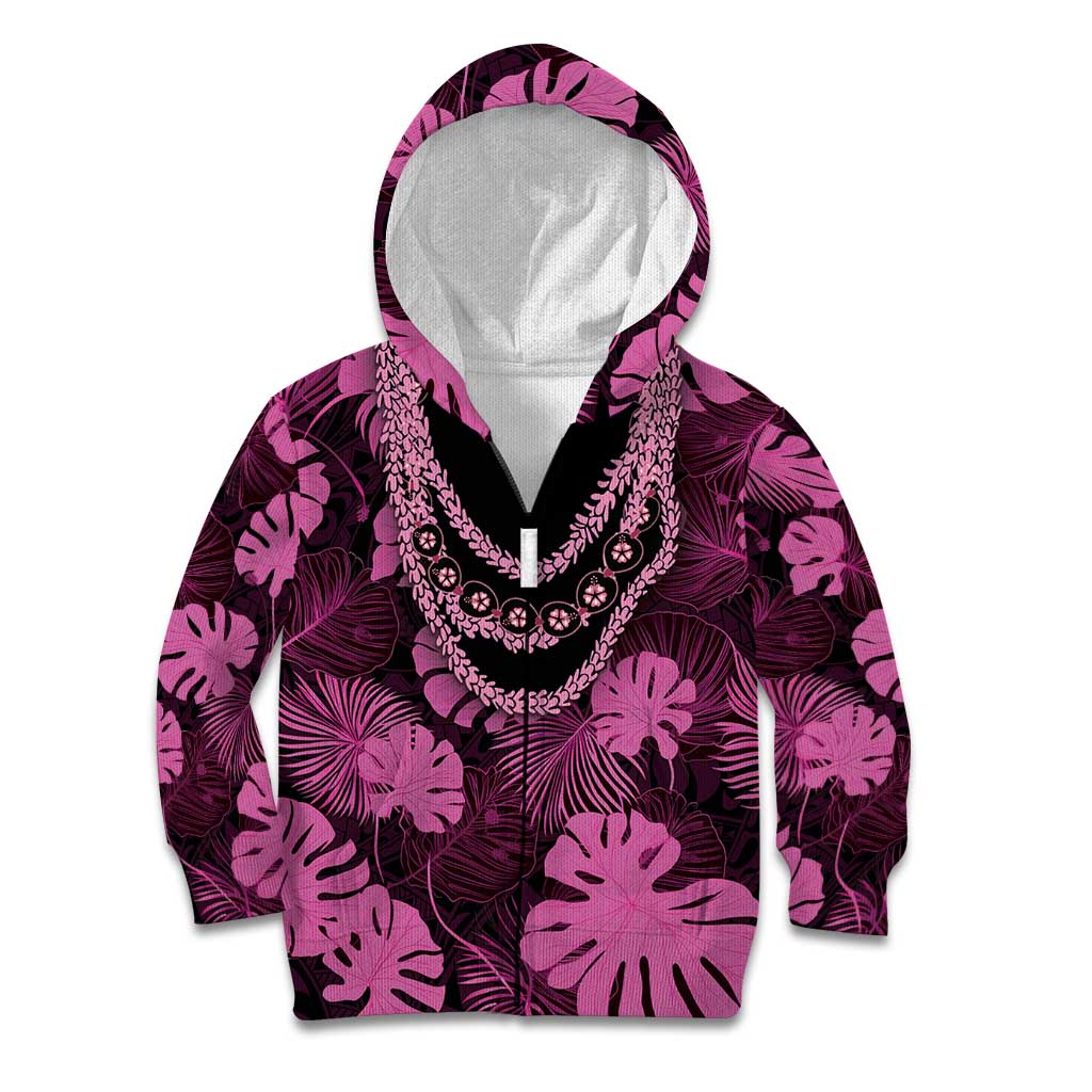 Pink Hawaii Kukui Nut Lei Kid Hoodie Hawaiian Pattern Monstera Tropical Vibes LT14 Zip Hoodie Pink - Polynesian Pride