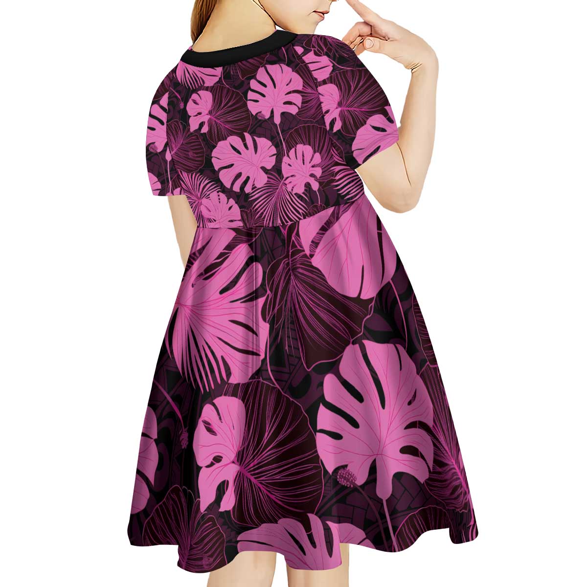 Pink Hawaii Kukui Nut Lei Kid Short Sleeve Dress Hawaiian Pattern Monstera Tropical Vibes - Polynesian Pride