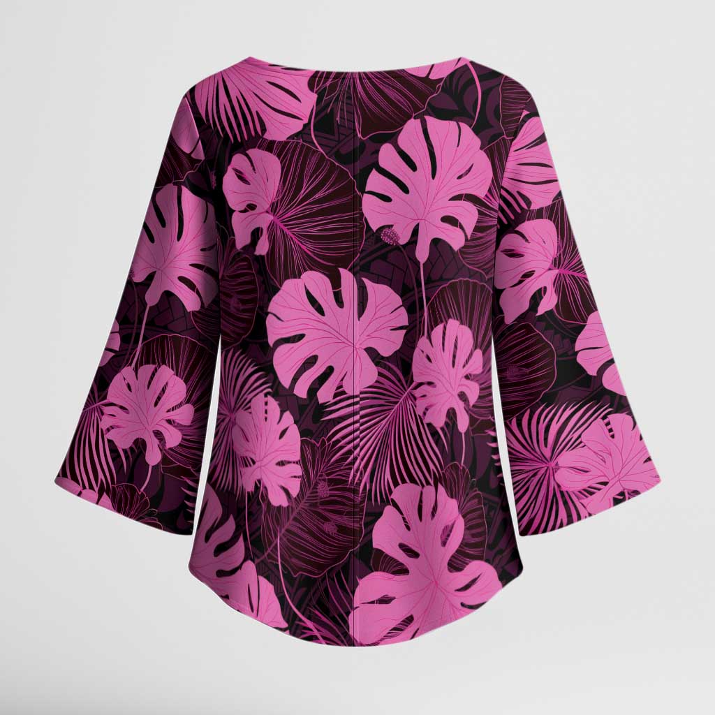 Pink Hawaii Kukui Nut Lei Kimono Sleeve Blouse Hawaiian Pattern Monstera Tropical Vibes - Polynesian Pride