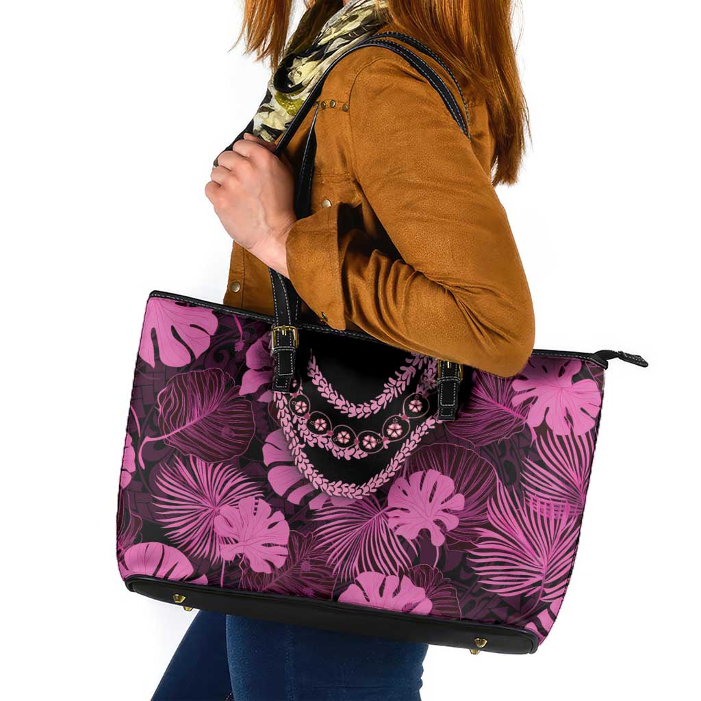 Pink Hawaii Kukui Nut Lei Leather Tote Bag Hawaiian Pattern Monstera Tropical Vibes LT14 Pink - Polynesian Pride
