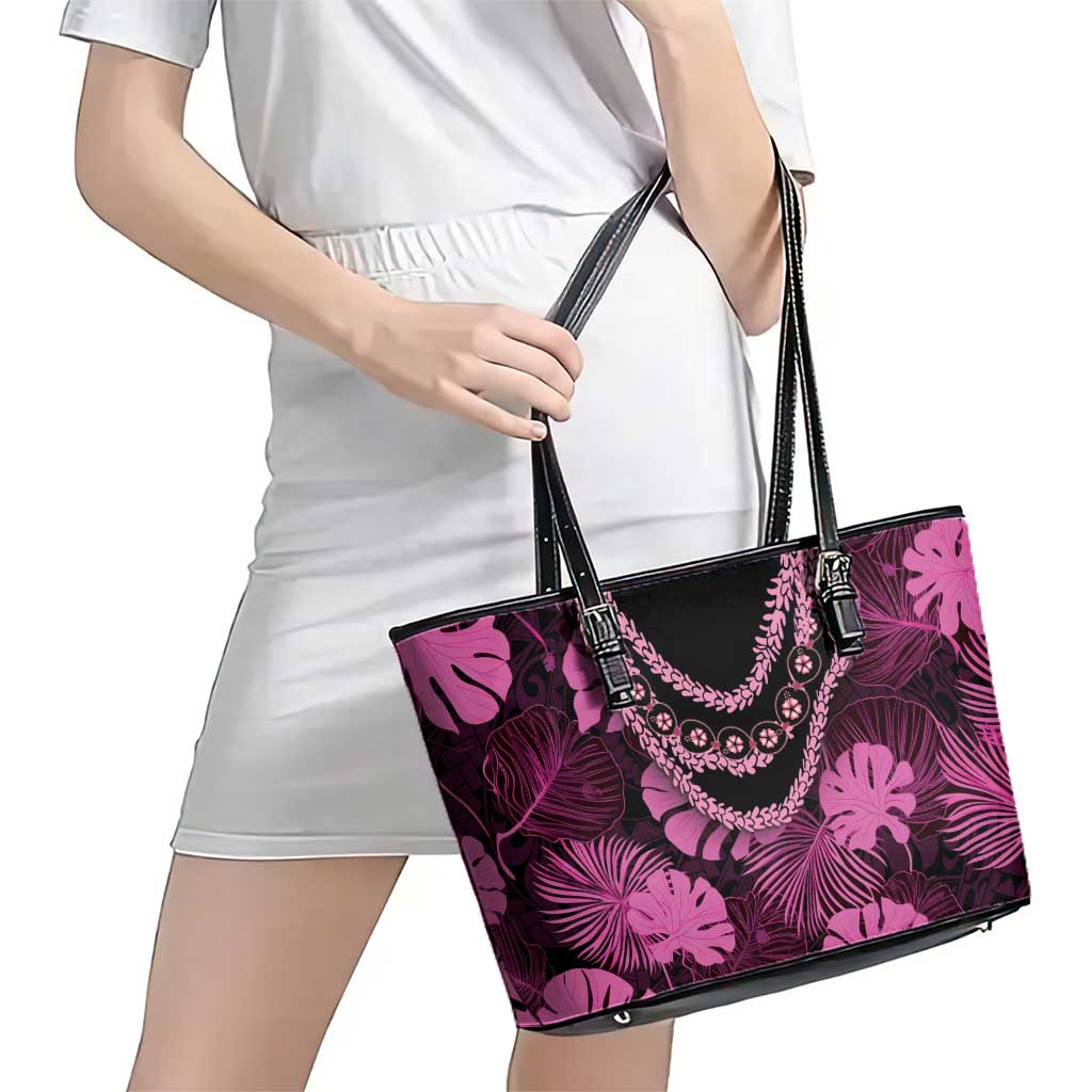 Pink Hawaii Kukui Nut Lei Leather Tote Bag Hawaiian Pattern Monstera Tropical Vibes LT14 - Polynesian Pride