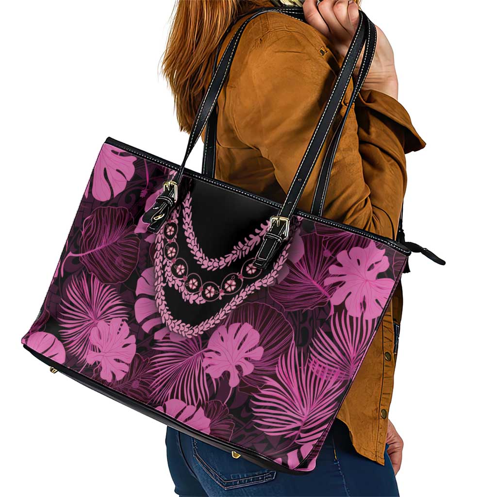 Pink Hawaii Kukui Nut Lei Leather Tote Bag Hawaiian Pattern Monstera Tropical Vibes LT14 - Polynesian Pride