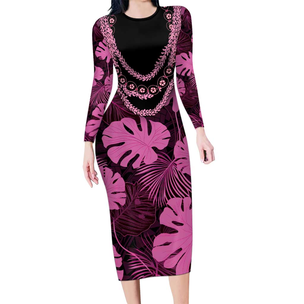 Pink Hawaii Kukui Nut Lei Long Sleeve Bodycon Dress Hawaiian Pattern Monstera Tropical Vibes - Polynesian Pride