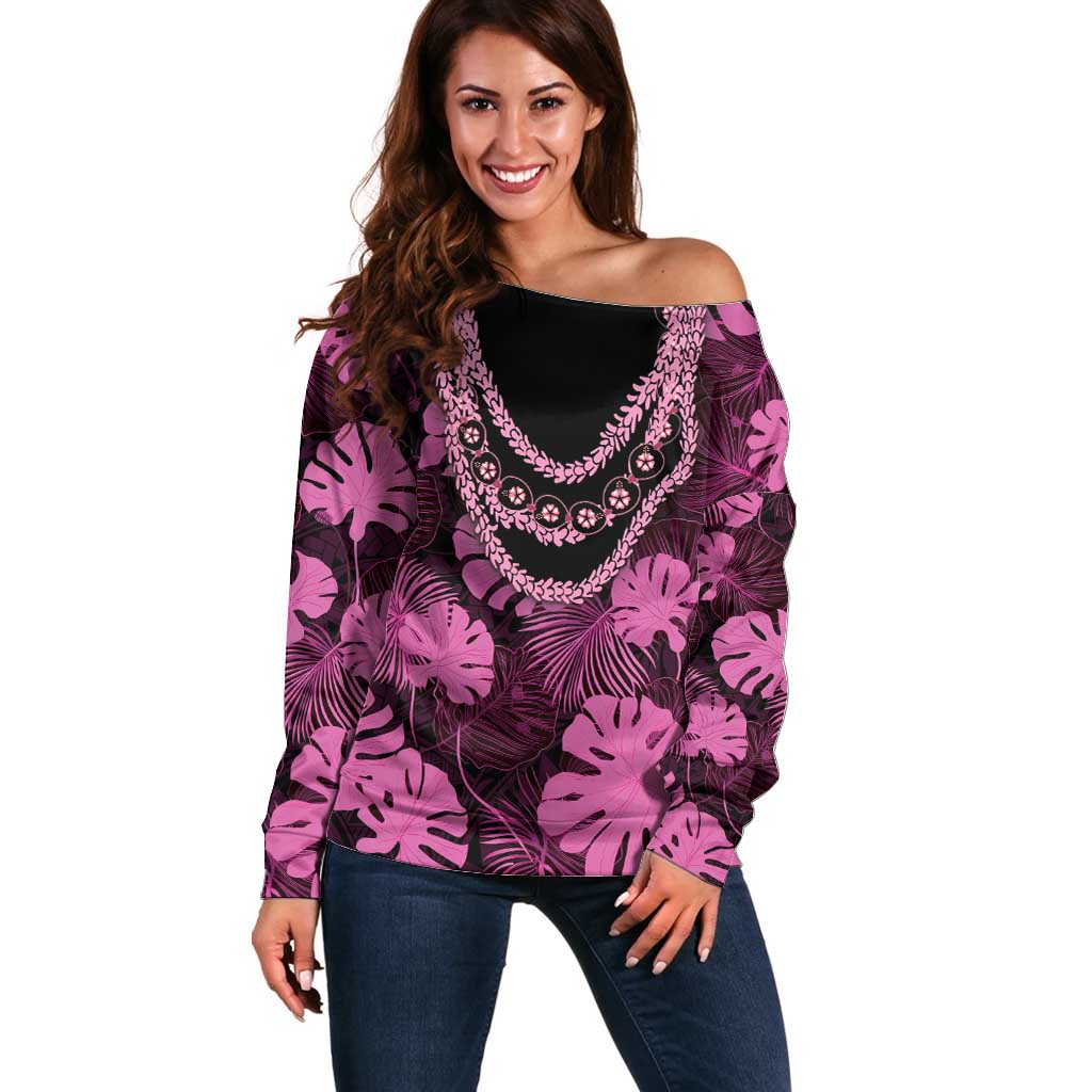 Pink Hawaii Kukui Nut Lei Off Shoulder Sweater Hawaiian Pattern Monstera Tropical Vibes - Polynesian Pride
