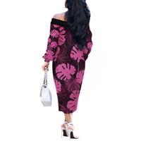 Pink Hawaii Kukui Nut Lei Off The Shoulder Long Sleeve Dress Hawaiian Pattern Monstera Tropical Vibes - Polynesian Pride