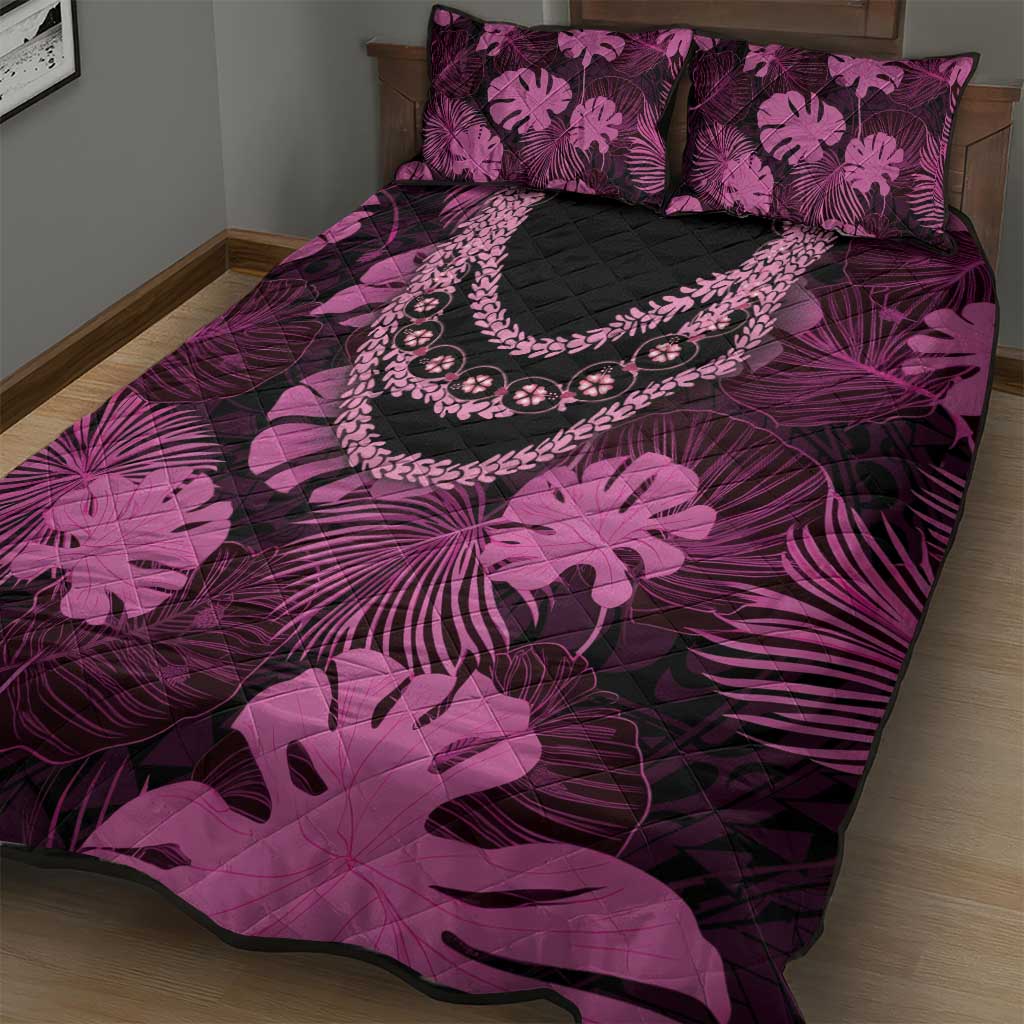 Pink Hawaii Kukui Nut Lei Quilt Bed Set Hawaiian Pattern Monstera Tropical Vibes - Polynesian Pride