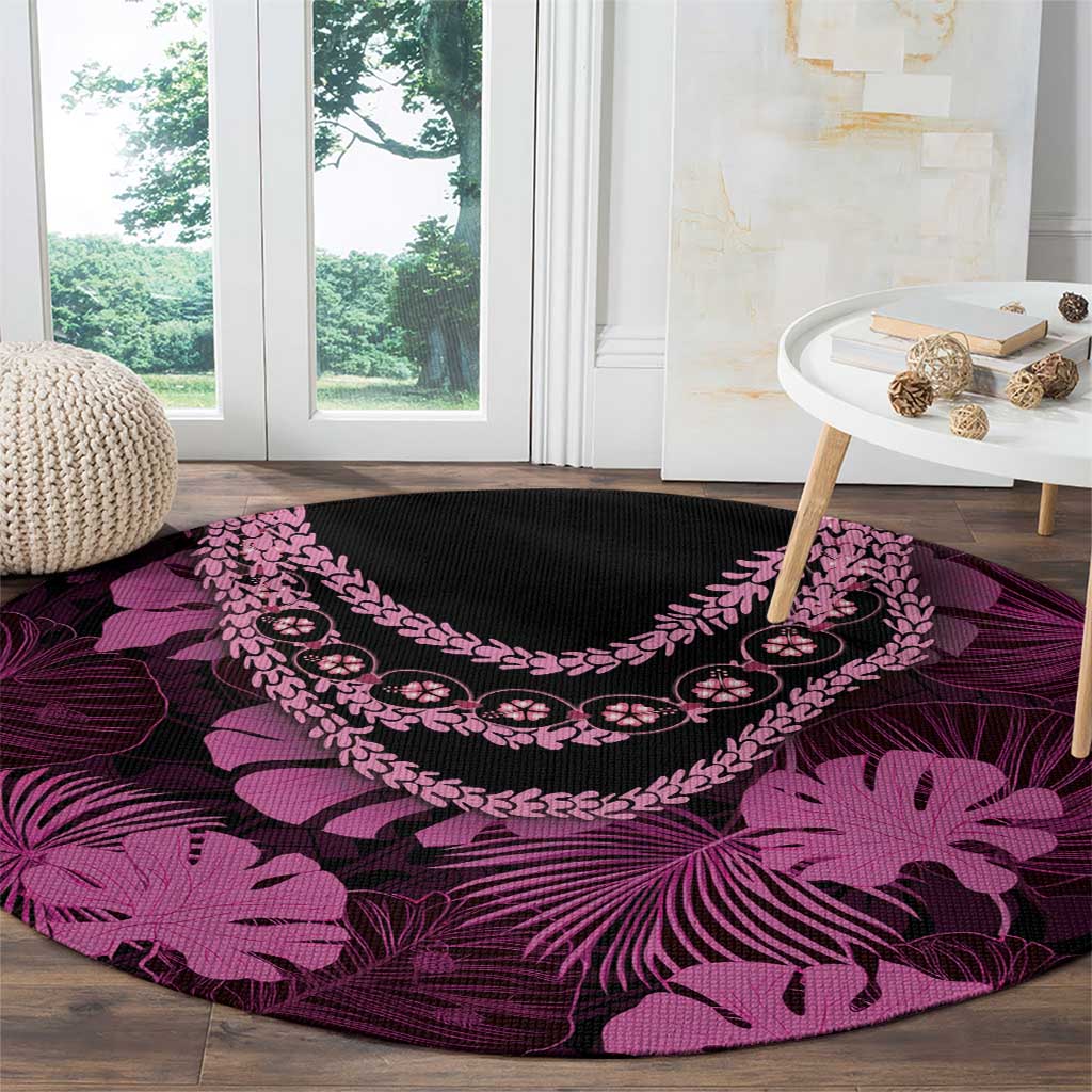 Pink Hawaii Kukui Nut Lei Round Carpet Hawaiian Pattern Monstera Tropical Vibes - Polynesian Pride