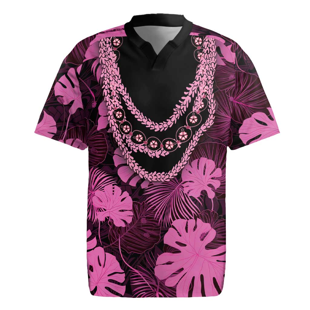 Pink Hawaii Kukui Nut Lei Rugby Jersey Hawaiian Pattern Monstera Tropical Vibes - Polynesian Pride