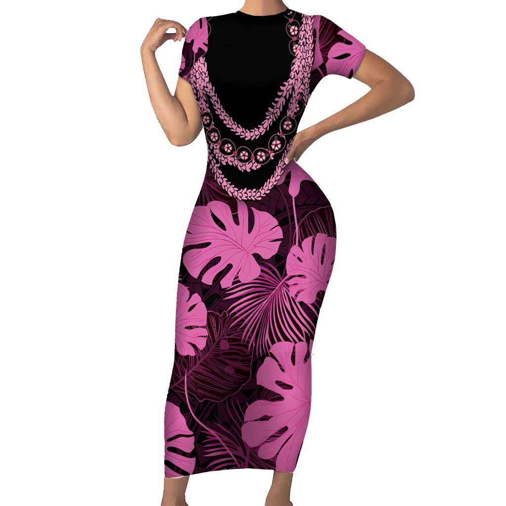 Pink Hawaii Kukui Nut Lei Short Sleeve Bodycon Dress Hawaiian Pattern Monstera Tropical Vibes - Polynesian Pride