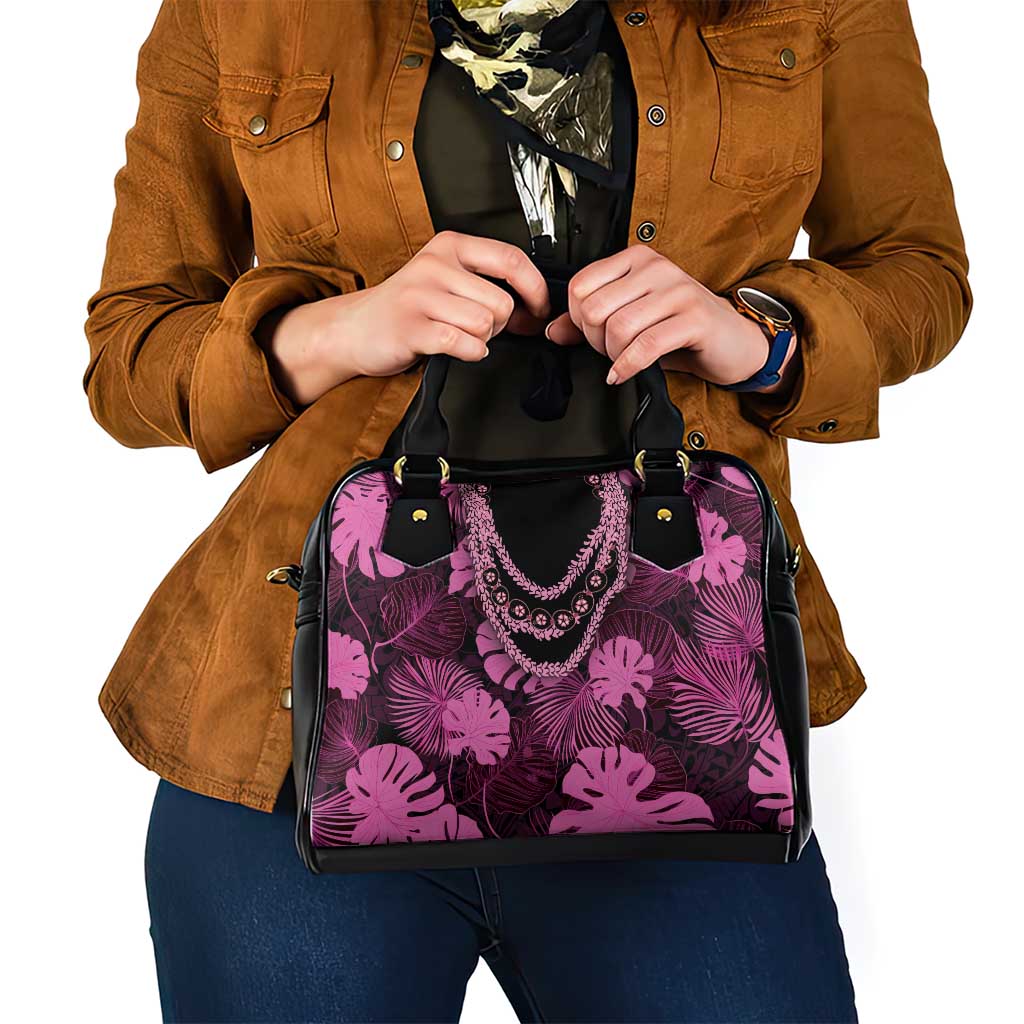Pink Hawaii Kukui Nut Lei Shoulder Handbag Hawaiian Pattern Monstera Tropical Vibes - Polynesian Pride