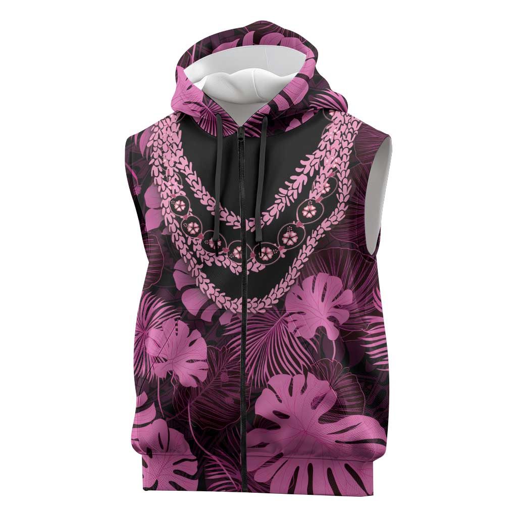 Pink Hawaii Kukui Nut Lei Sleeveless Zip Hoodie Hawaiian Pattern Monstera Tropical Vibes - Polynesian Pride
