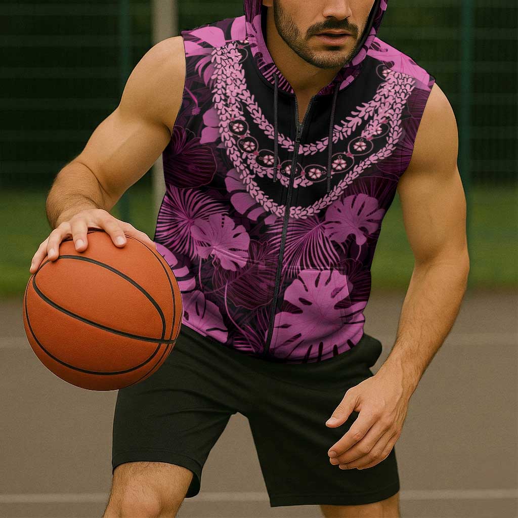 Pink Hawaii Kukui Nut Lei Sleeveless Zip Hoodie Hawaiian Pattern Monstera Tropical Vibes - Polynesian Pride
