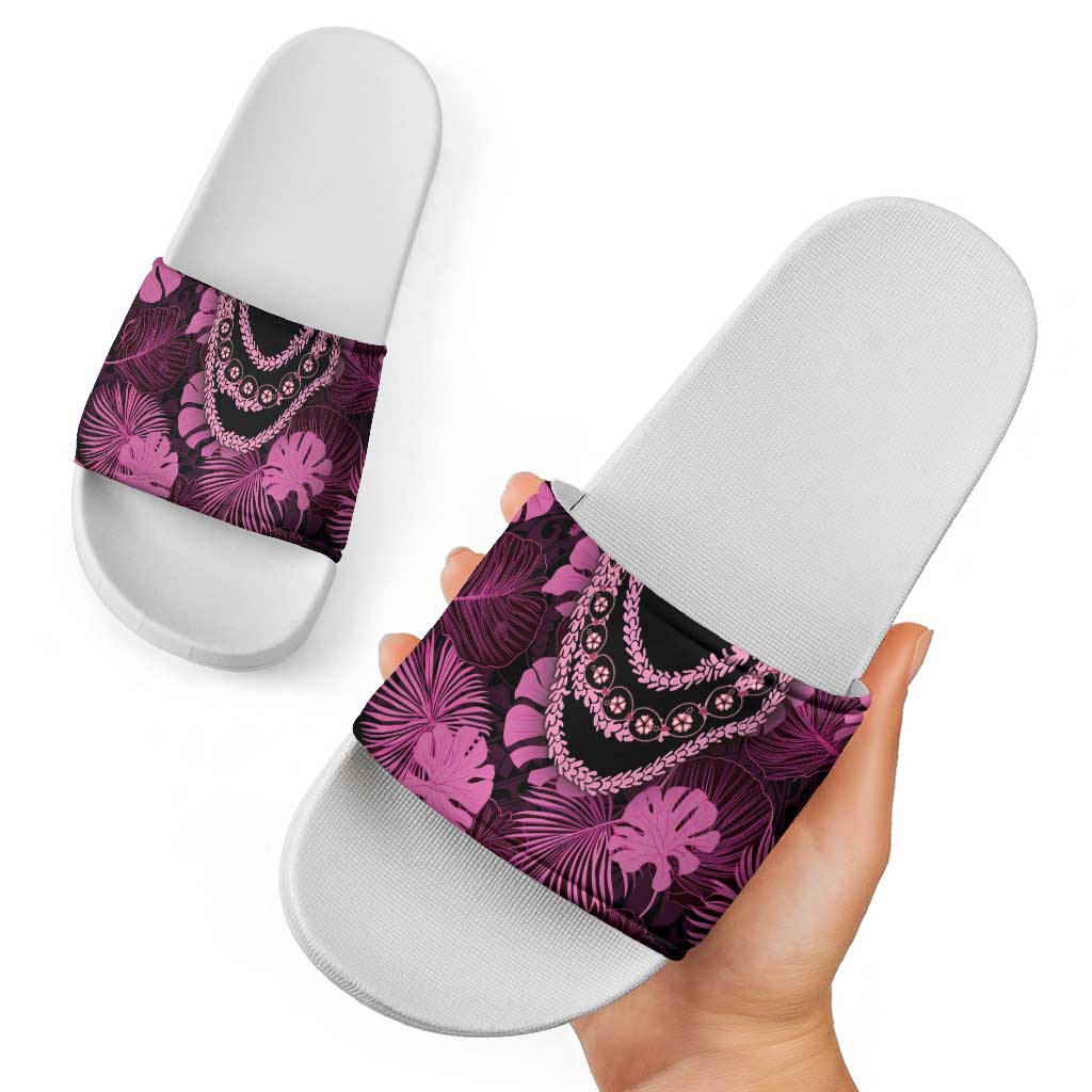 Pink Hawaii Kukui Nut Lei Slide Sandals Hawaiian Pattern Monstera Tropical Vibes - Polynesian Pride