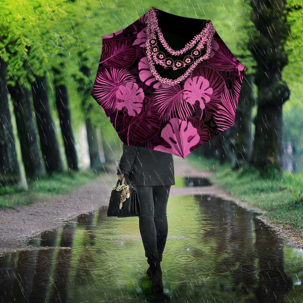 Pink Hawaii Kukui Nut Lei Umbrella Hawaiian Pattern Monstera Tropical Vibes - Polynesian Pride
