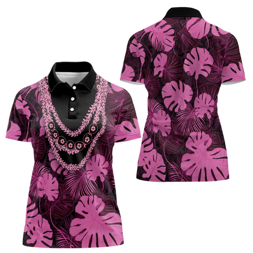 Pink Hawaii Kukui Nut Lei Women Polo Shirt Hawaiian Pattern Monstera Tropical Vibes - Polynesian Pride