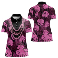 Pink Hawaii Kukui Nut Lei Women Polo Shirt Hawaiian Pattern Monstera Tropical Vibes - Polynesian Pride