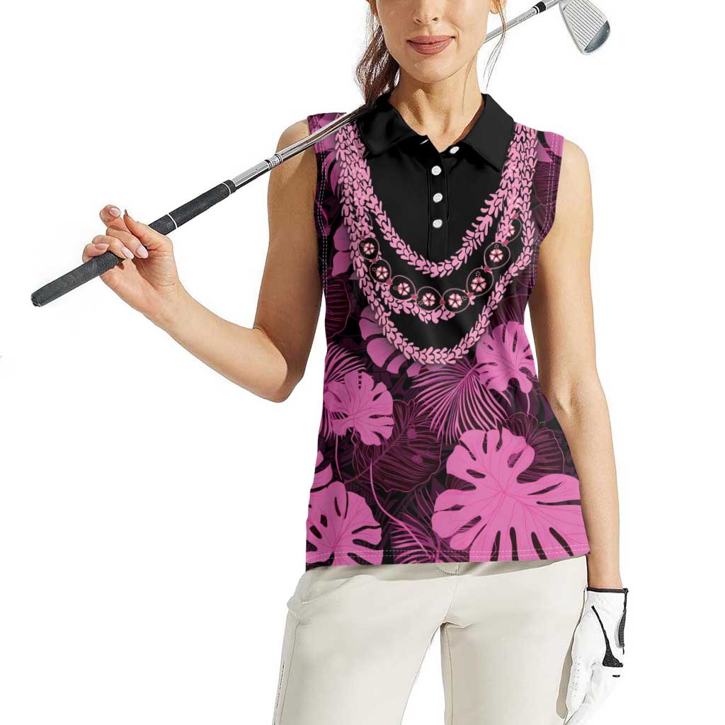 Pink Hawaii Kukui Nut Lei Women Sleeveless Polo Shirt Hawaiian Pattern Monstera Tropical Vibes - Polynesian Pride