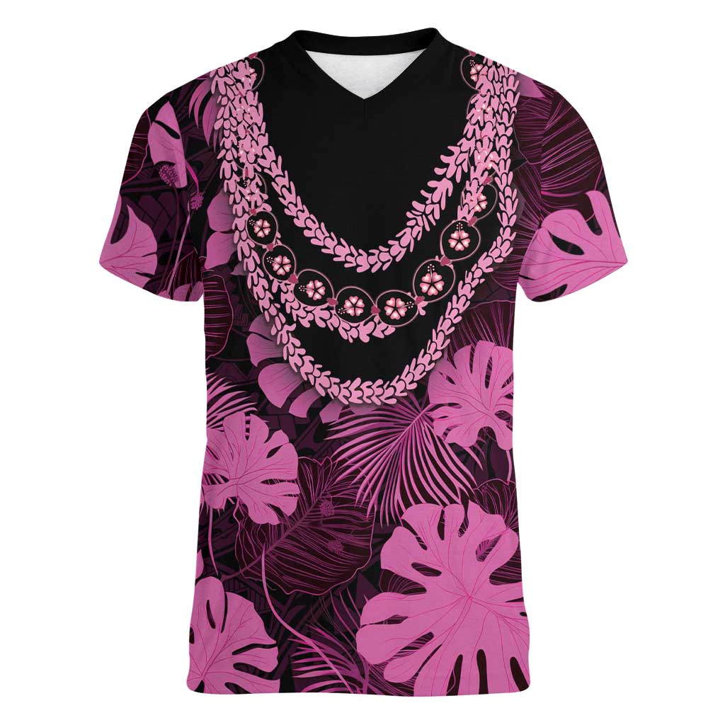 Pink Hawaii Kukui Nut Lei Women V-Neck T-Shirt Hawaiian Pattern Monstera Tropical Vibes - Polynesian Pride