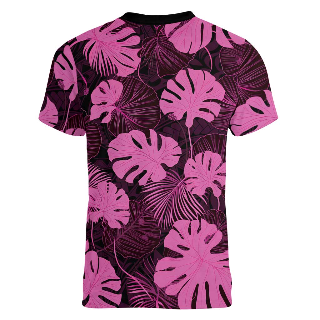 Pink Hawaii Kukui Nut Lei Women V-Neck T-Shirt Hawaiian Pattern Monstera Tropical Vibes - Polynesian Pride