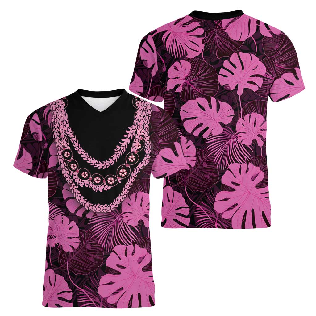 Pink Hawaii Kukui Nut Lei Women V-Neck T-Shirt Hawaiian Pattern Monstera Tropical Vibes - Polynesian Pride