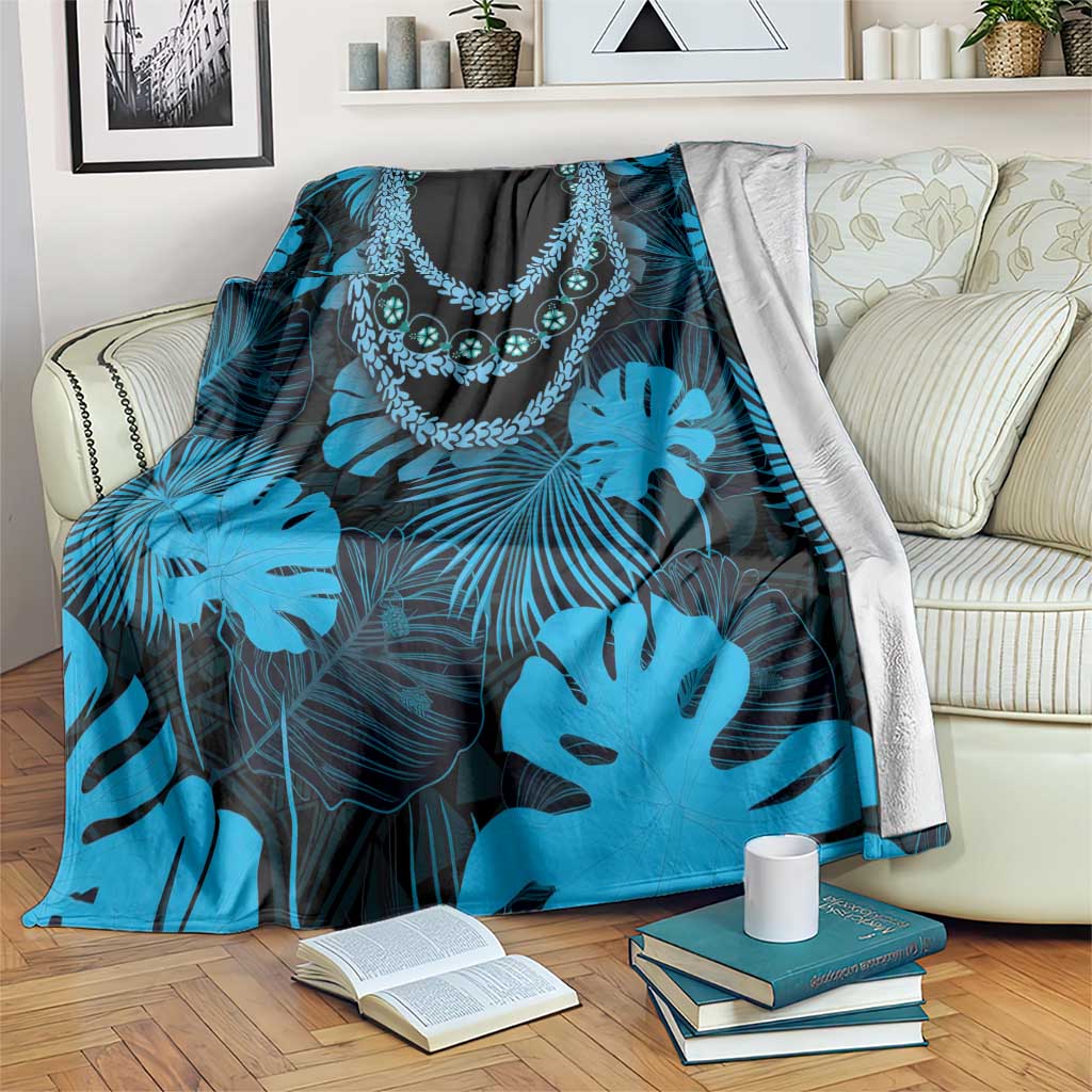 Blue Hawaii Kukui Nut Lei Blanket Hawaiian Pattern Monstera Tropical Vibes - Polynesian Pride