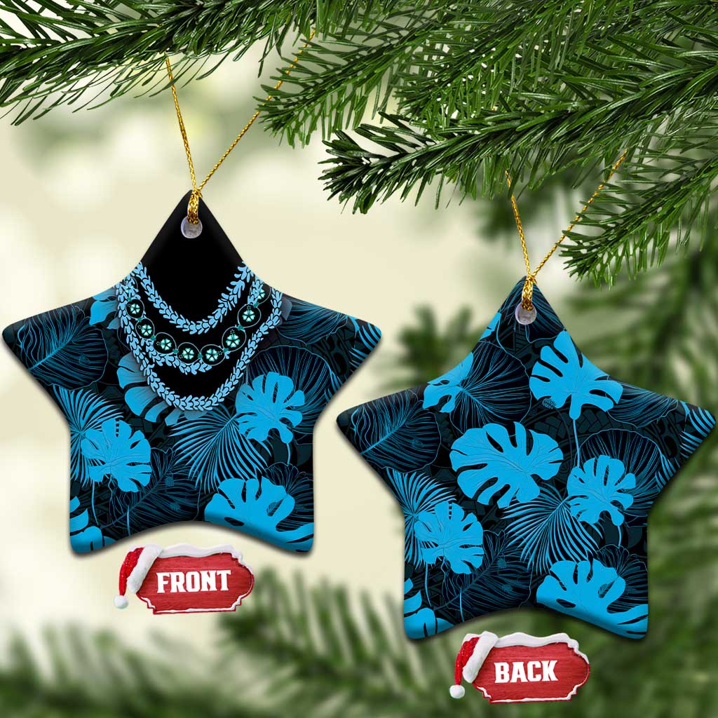 Blue Hawaii Kukui Nut Lei Ceramic Ornament Hawaiian Pattern Monstera Tropical Vibes - Polynesian Pride
