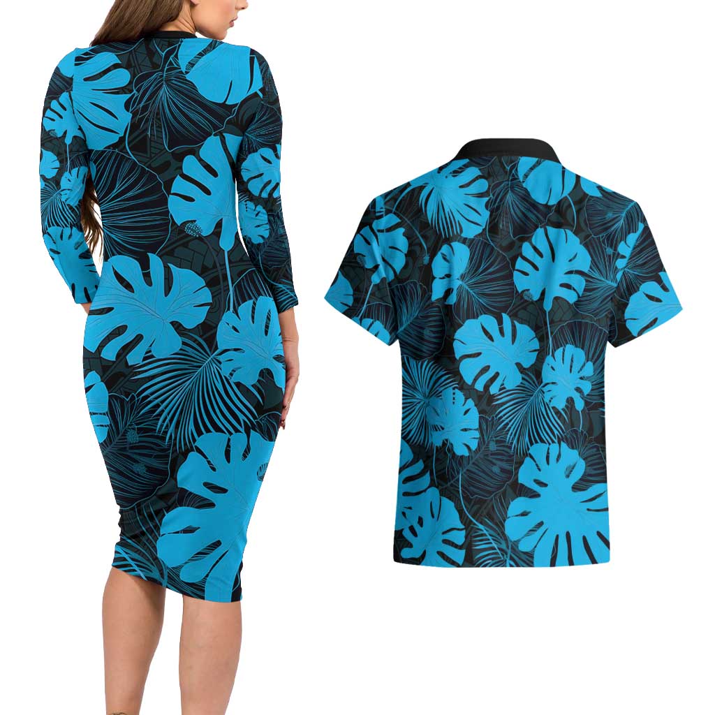 Blue Hawaii Kukui Nut Lei Couples Matching Long Sleeve Bodycon Dress and Hawaiian Shirt Hawaiian Pattern Monstera Tropical Vibes - Polynesian Pride